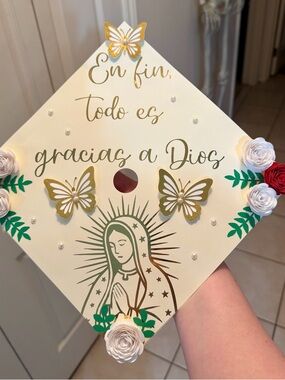 Graduation Cap Topper with Gold Butterflies and Religious Motif